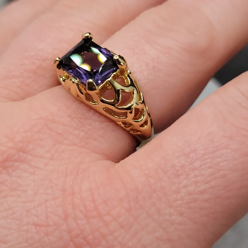 Gold Plated Simulated Amethyst Filigree Ring